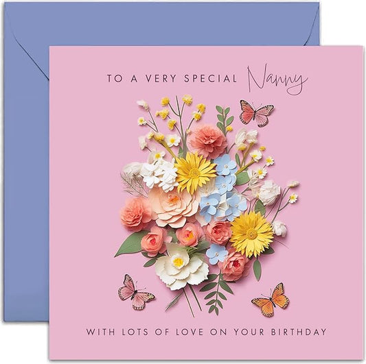 Old English Co. Special Nanny Birthday Card for Her - Pink Flower Butterfly Artwork Birthday Card for Nanny from Grandchildren - Cute Nanny Birthday Card for Her | Not 3D Card