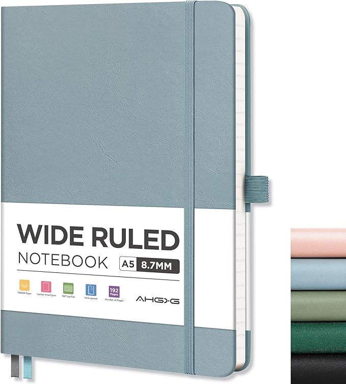 AHGXG Wide Ruled Notebook for School - Lined Journal for Women Men, 192 Numbered Pages, 100 GSM Thick Paper, A5 Hardcover Leather Notebook for Work, Writing, 5.7"×8.3" - Gray Blue