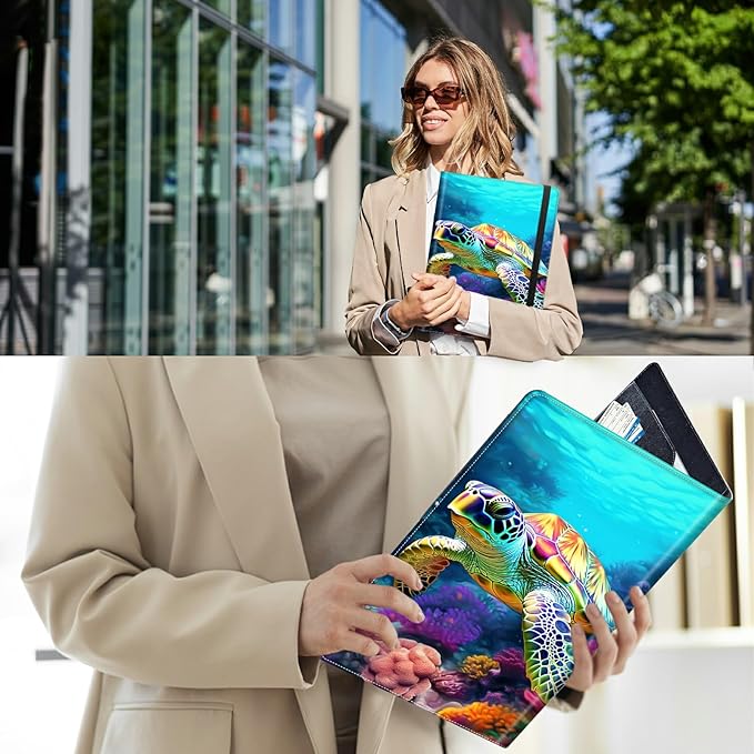 PU Leather Padfolio Clipboard Notepad with Pen Loop and Elastic Strap Interview/Resume Document Organizer for Business School Office,Turtle Corals
