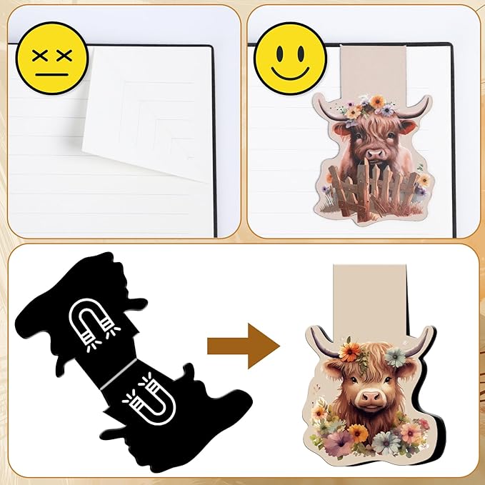 Highland Cow Magnetic Bookmark - 12 Pcs Funny Animal Bookmarks Magnetic Floral Book Mark Magnets Cute Cow Magnets Bookmark Page Clip Gift for Book Lovers Students Teacher Reading Book Marks