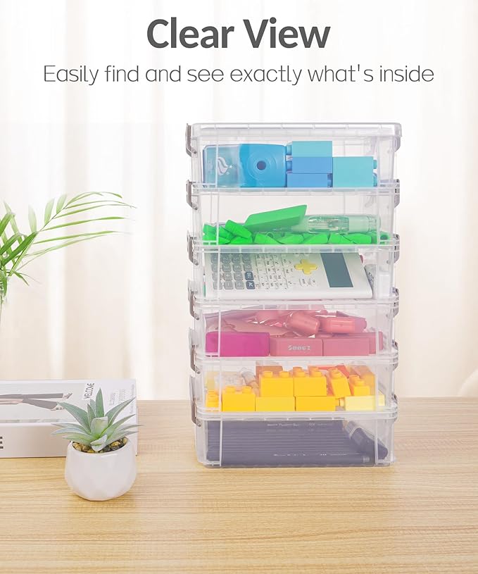 Sooez 6 Pack Extra Large Pencil Box, Plastic Pencil Case Crayon Box Bulk, Clear Marker Organizer Plastic Containers with Lid, Stackable Storage Box for Craft, Pen, Art, School Supply, Purple