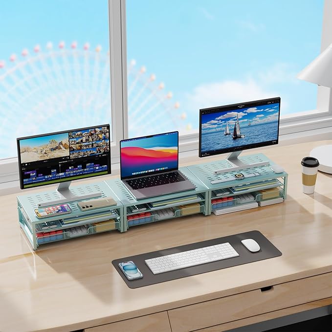 gianotter Computer Monitor Stand Riser, office organizer with Drawer, Office Organizers Storage for Classroom Office Supplies (Blue)