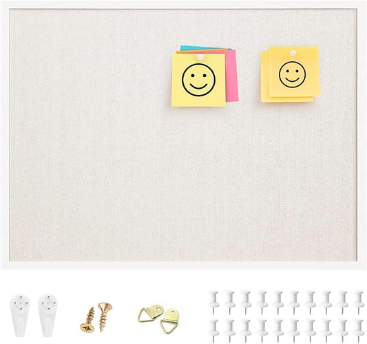 OWLKELA 17"x23" inch Linen Cork Board, White Frame, with 20 Pushpins, Bulletin Board with Linen, Ideal for School, Home & Office