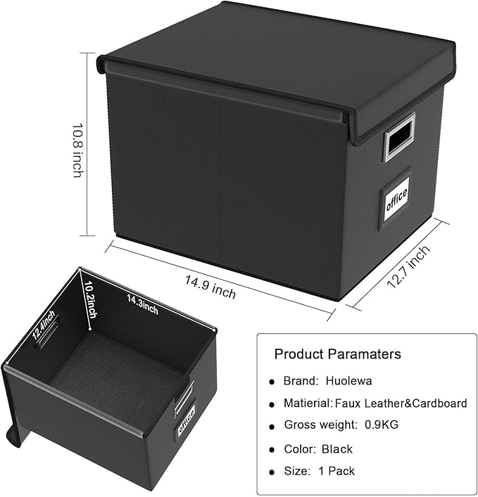 Huolewa Upgraded File Organizer Box with Lid, Collapsible Faux Leather Hanging File Folder Box Organizer with Plastic Slides, Decorative Home/Office Filing System Box for File and Folders Storage