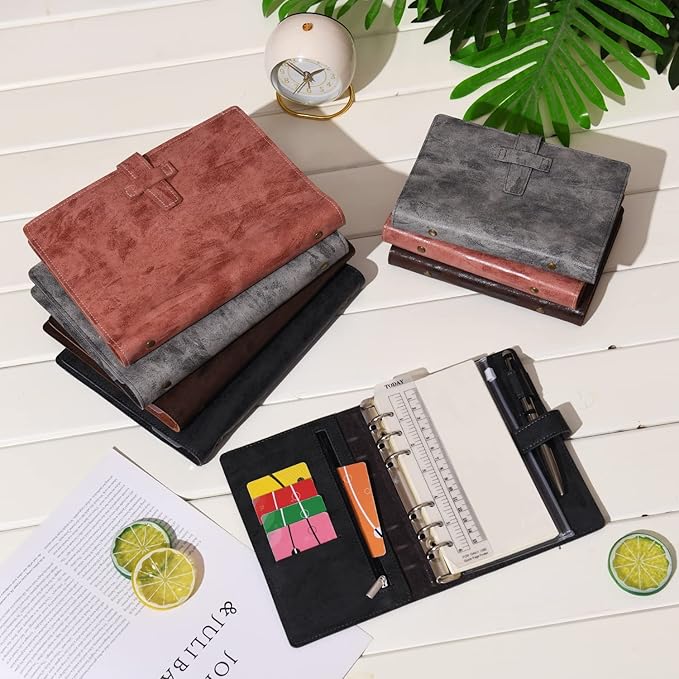 Wonderpool Leather Journal Refillable Binder A5 Writing Notebook Folder Organiser with Dotted Paper & Multi Pockets Cover for Business School Travel (A5, Brown)