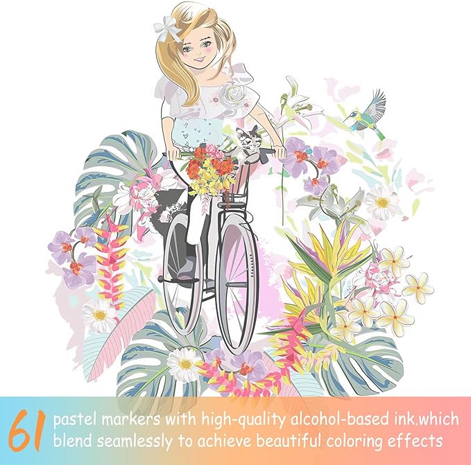 Caliart 61 Colors Pastel Alcohol Markers, Brush & Chisel Dual Tip Markers for Adult Coloring Book, Sketch Pens Permanent Art Markers Set for Easter Eggs Decorations Stuffers Drawing Supplies Gift