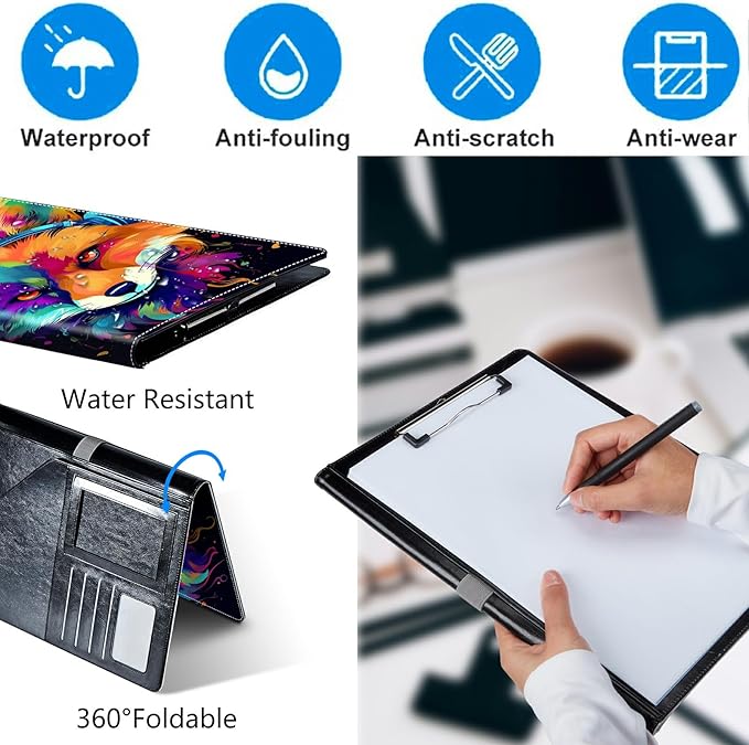 Fox Wearing Headphones Padfolio Folder with Clipboard,Portfolios Organizer Clipboards with Storage Clipboard Writing Pad PU Leather Conference Document Organizer with Business Card Holder