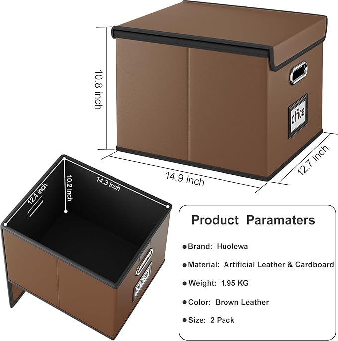 Huolewa Upgraded File Organizer Boxes with Lids, Collapsible Faux Leather Hanging File Folder Box Organizer with Plastic Slide, Decorative Home/Office Filing System Boxes for File and Folders Storage