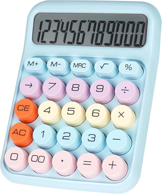 Mechanical Switch Calculator with Big Buttons, Calculators Desktop, 12 Digits, Large LCD Display, Desk Calculator, Cute Pink Calculator for Teachers Students Basic Office (Blue)