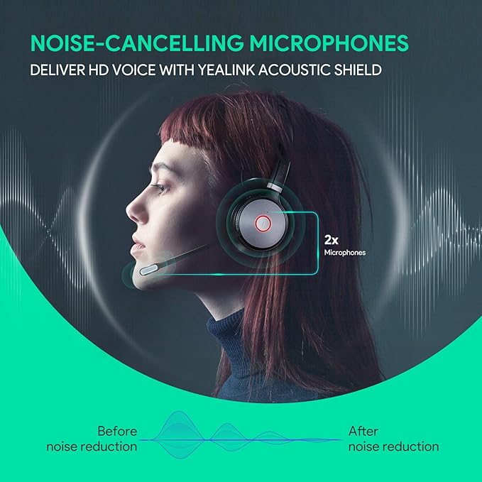 Yealink WH66 Stereo Wireless DECT Headset Teams Certified,Long Wireless Range 160m/525ft,Talk Time 14H,Speaker,Work with PC/Laptop/Desk Phone,Cell Phone (USB-A,Bluetooth),Noise Canceling Microphone