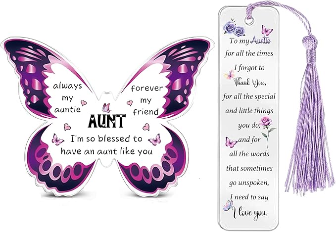 Auntie Gifts for Women Acrylic Plaque Bookmark Set Birthday Gifts for Aunty Personalised Butterfly Keepsake Bookmarker Mothers Day Christmas Gifts from Niece Nephew Always My Aunty Forever My Friend