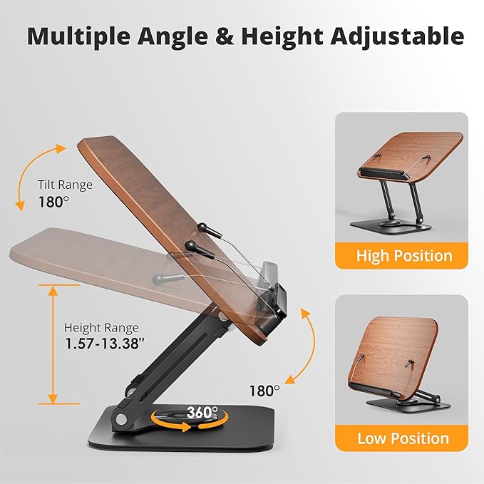 Book Stand for Reading, Adjustable Book Holder with 360° Rotating Bases, Foldable Designs, and Elastic Clips, Multifunctional Display Stand for Recipe, Cookbooks, Magazines, Tablets, Laptops