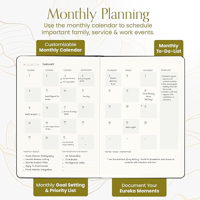 2025 Planner, Daily Journal & Gratitude Journal All-In-One with To Do List, Self Care Prompts & Habit Tracker - 5.8 x 8.3 - Midnight