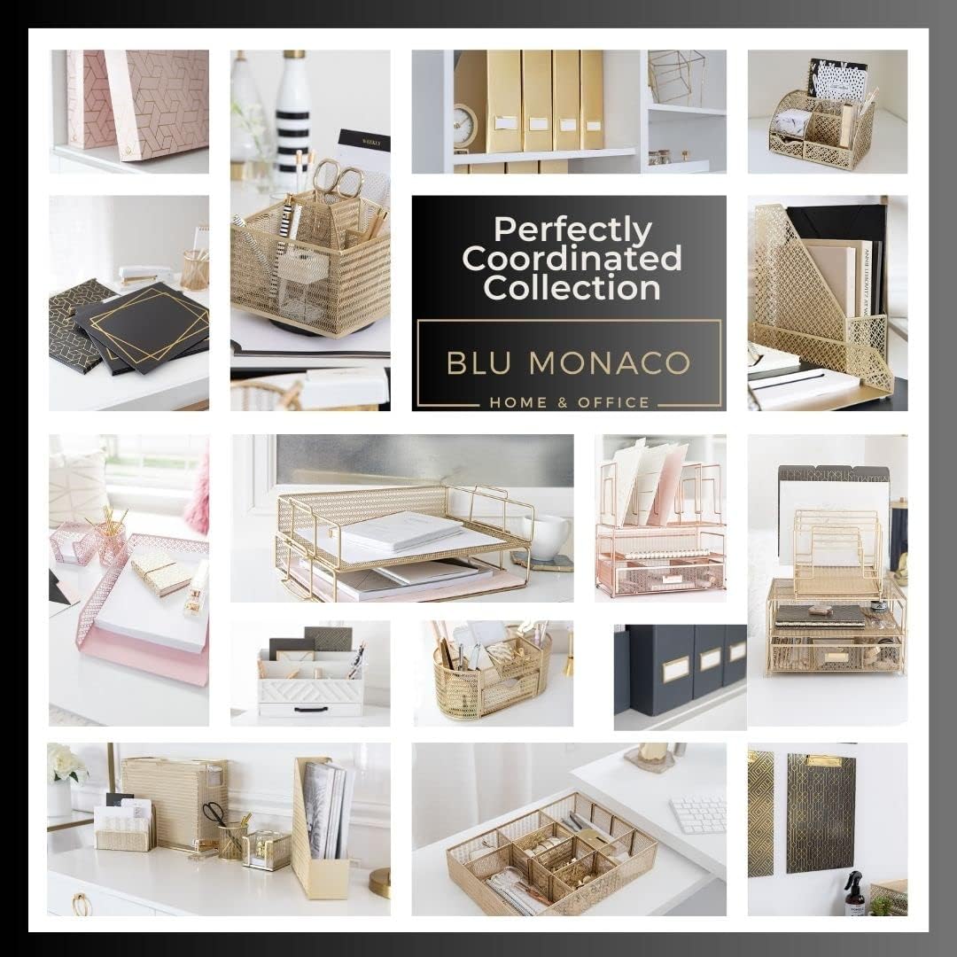 BLU MONACO Declutter in Style - Set of 6 Black Foldable Magazine File Holders with Gold Label Holders - Cardboard Magazine Storage Box & Desk Organizer for Workspace and Shelves