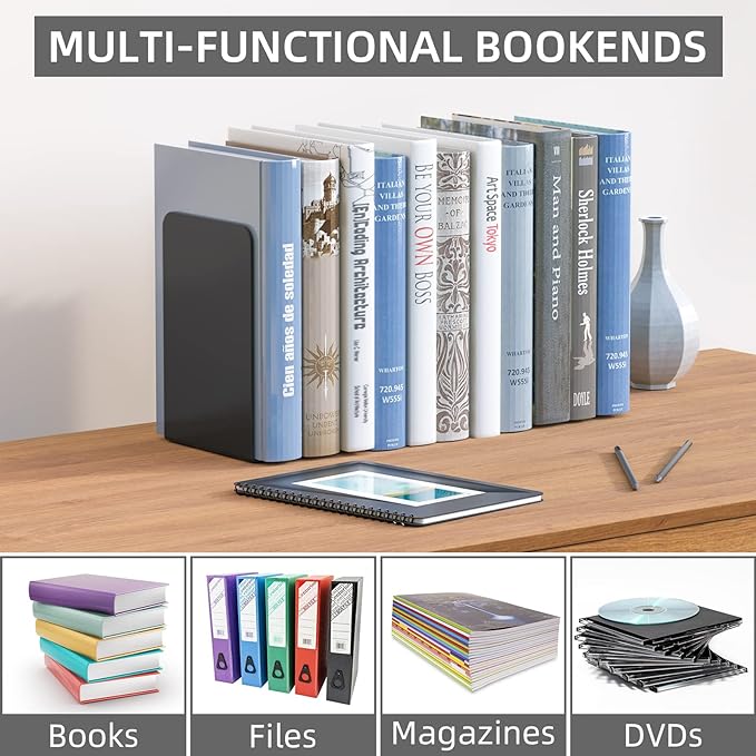 VFINE Bookends, Metal Black Book Ends for Shelves, Bookends for Shelves, Heavy Duty Bookends, Bookend Stopper for Heavy Books, Book Ends to Hold Books for Home Office, 2 Pairs