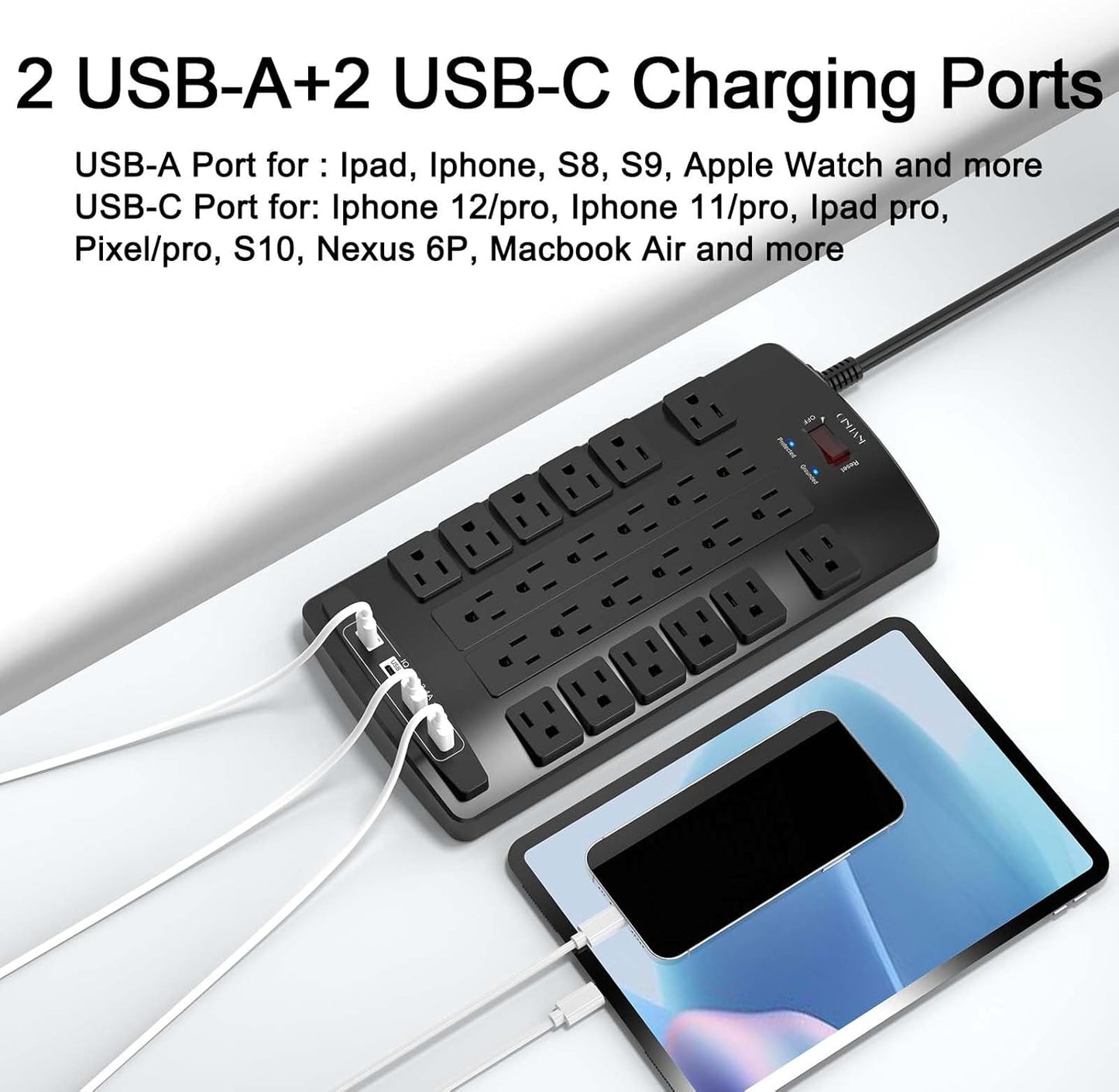 QINLIANF Surge Protector Power Strip - 20Ft Flat Plug Heavy Duty Extension Cord with 24 Outlets and 4 USB Ports(1 USB-C Ports), 1875W/15A, 4100J, for Home, Office, Dorm, ETL Listed, Black