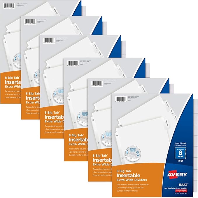 Avery Big Tab Extra-Wide Insertable Clear Tab Dividers for 3 Ring Binders, 8-Tab Set, White, 6 Sets (11254)