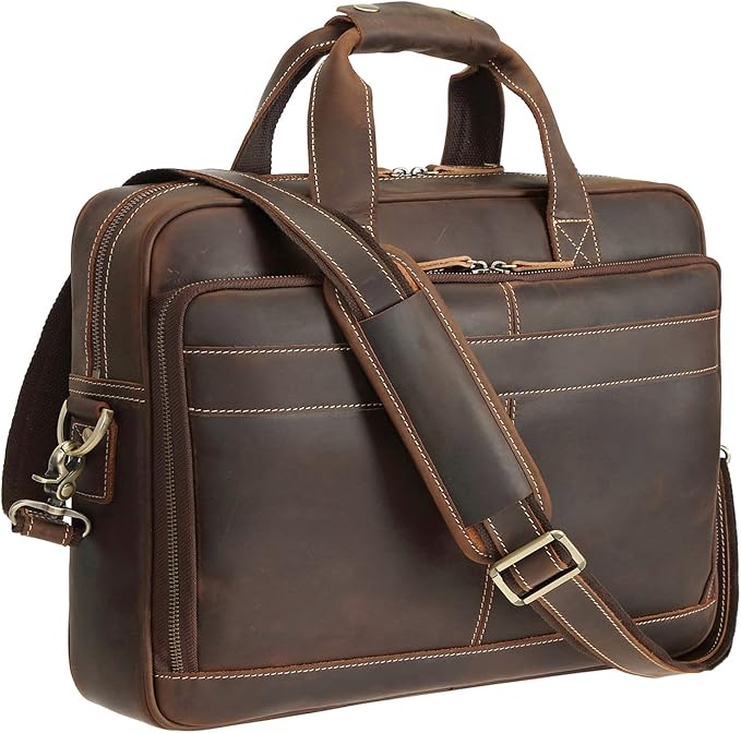 Polare Full Grain Leather 16.5'' Laptop Bag Briefcase for Men Business Messenger Work Bag Fits 15.6'' Laptop