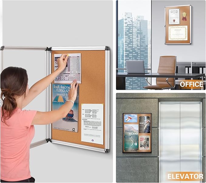 SWANCROWN Lockable Noticeboard Wall-Mounted Bulletin Pin Cork Boards Message Board with Aluminium Frame 28x14 inch