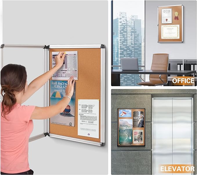 SWANCROWN Lockable Noticeboard Wall-Mounted Bulletin Cork Boards Tamper Proof Information Board Indoor,Black Frame,28x26 inch (6xA4)