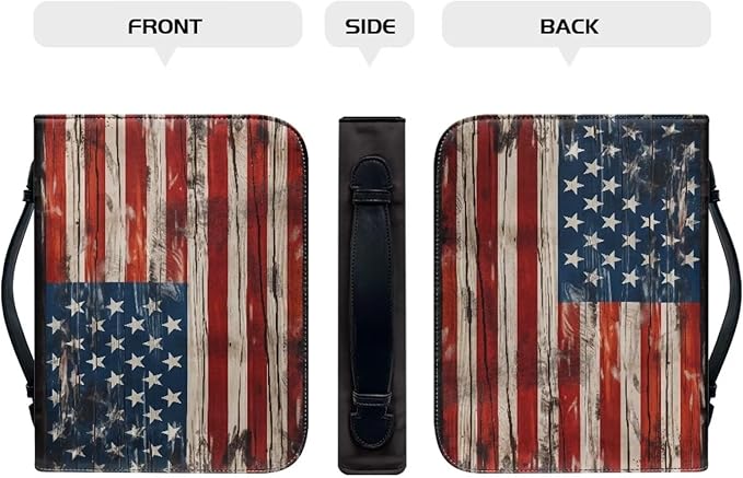 Lotusorchid American Flag Print Bible Case for Men, Zippered PU Bible Book Cover with Handle Pocket Portable Bible Cover Case Bible Cover Carrier Carrying Organizer Bag for Women, 2XL