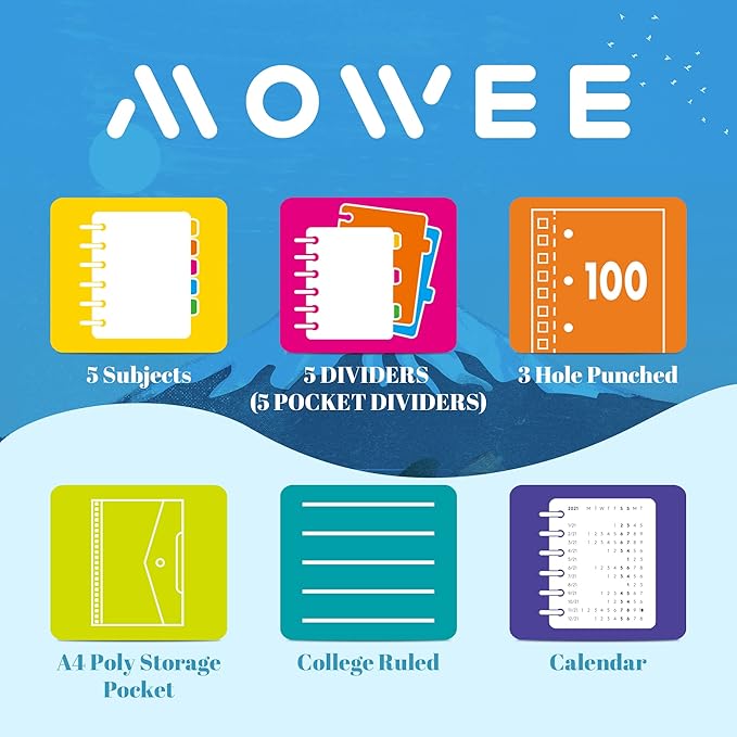 Spiral Notebook - 5 Subject Notebook, College Ruled Notebook With Dividers Pocket, Tabs Label (5PackBlack)