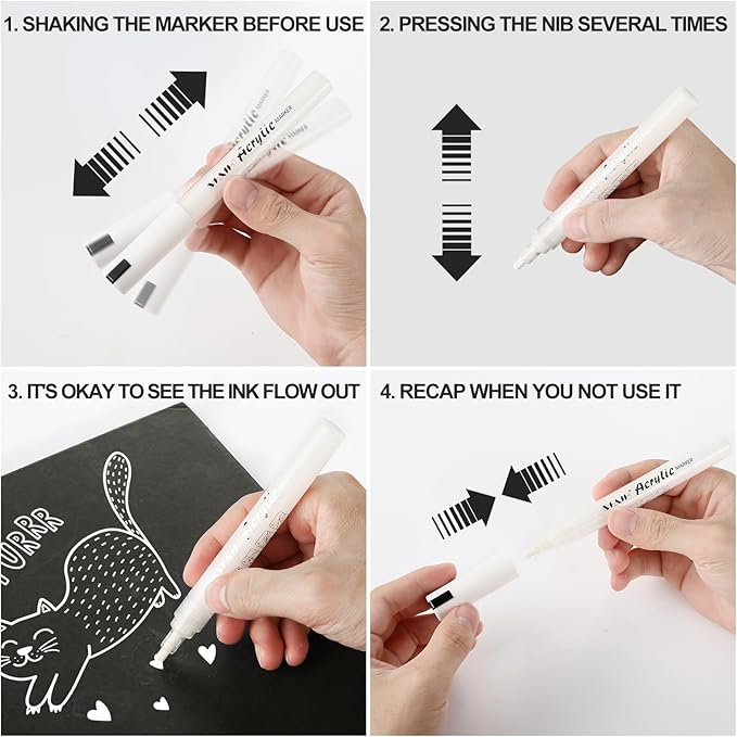 SFAIH Acrylic White Paint Pens - 8 Pack 2-3MM Medium Tip & 0.7MM Extra Fine Paint Marker for Rock Painting, Wood, Metal, Fabric, Plastic, Canvas, Glass, Ceramic, Diy Crafts, White Out Pen