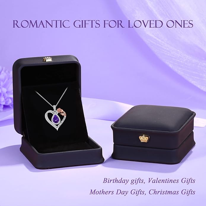 Hidepoo Christmas Gifts for Women Mom Wife - Sterling Silver Rose Heart Birthstone Necklace I Love You Forever Heart Pendant Teardrop Necklace Jewelry Anniversary Valentines Christmas Birthday Gifts