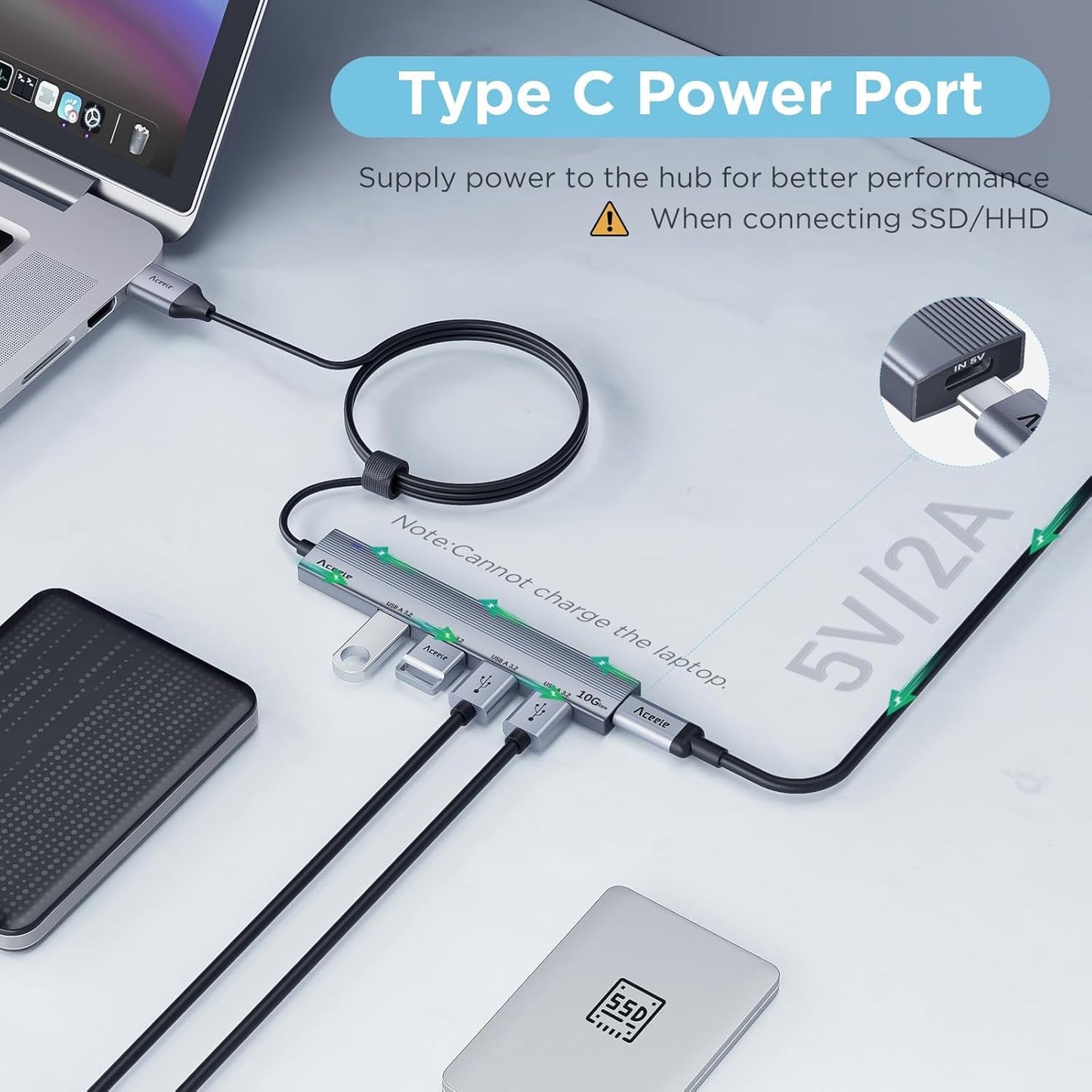 Aceele 10Gbps USB 3.2 Hub with 4 USB A 3.2 Ports, USB 3.2 Gen 2 Splitter with 4ft Extented Long Data Cable and Type-C Power Port, for Chromebook,Surface Pro 3,iMac,PS4 Flash Drive Data and More