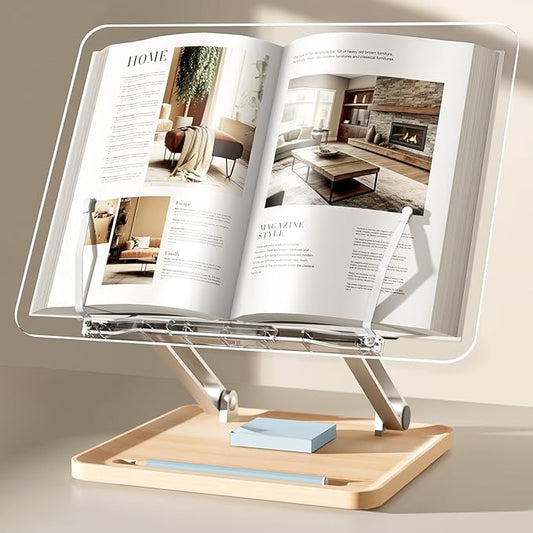Adjustable Acrylic Book Stand for Reading, UPERGO Book Holder with Pen Slot, Foldable Desktop Riser for Laptop, Recipe, Textbook - Hands-Free,Cookbook Stand, Clear Design with Page Clips