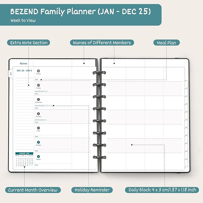 BEZEND Life Planner 2025 Weekly & Monthly Family Organizer with 6 Columns 7" x 9" - Agenda 2025 Family Calendar with Tabs, Pocket & Tear-off Shopping List, Disc Bound Flexible Cover - Mustard