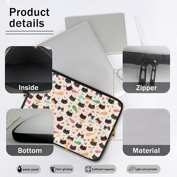 Cat Fish Printed Computer Carrying Cover, Large Capacity Laptop Case Bag Easy to Carry Computer Bag, 17 Inch Lightweight Laptop Briefcase Messenger Bag for Women