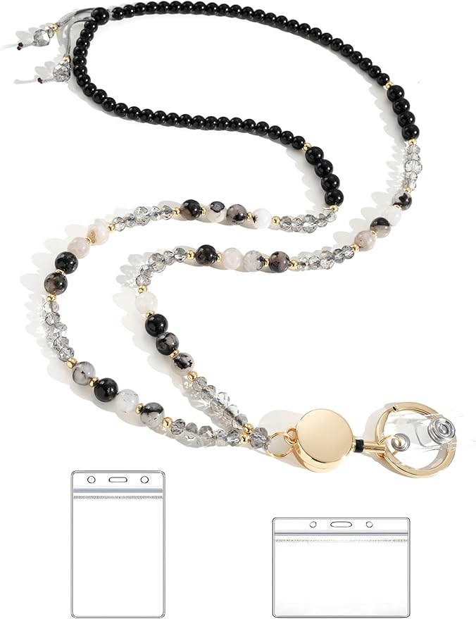 Lanyards for ID Badges and Keys,Natural Stone Beaded Teacher Lanyard for Women,Retractable Lanyard Cute Lanyard