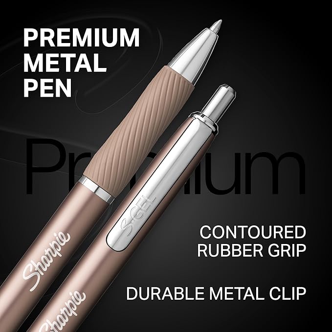 Sharpie S-Gel, Gel Pens, Sleek Metal Barrel, Champagne, Medium Point (0.7mm), Black Ink, 4 Count