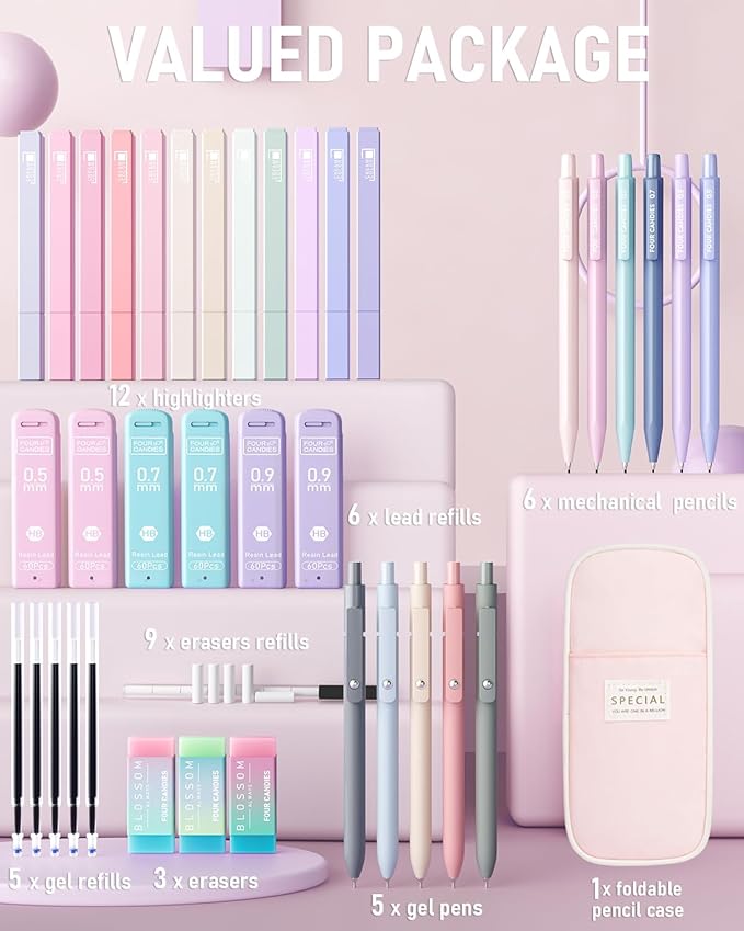 Four Candies 39 PCS Aesthetic School Supplies with Cute Pen Case, 12 Pastel Highlighters, 5 Black Ink Gel Pens, 6 Mechanical Pencils Set 0.5 & 0.7 mm for Students Stationary College Essentials (Pink)