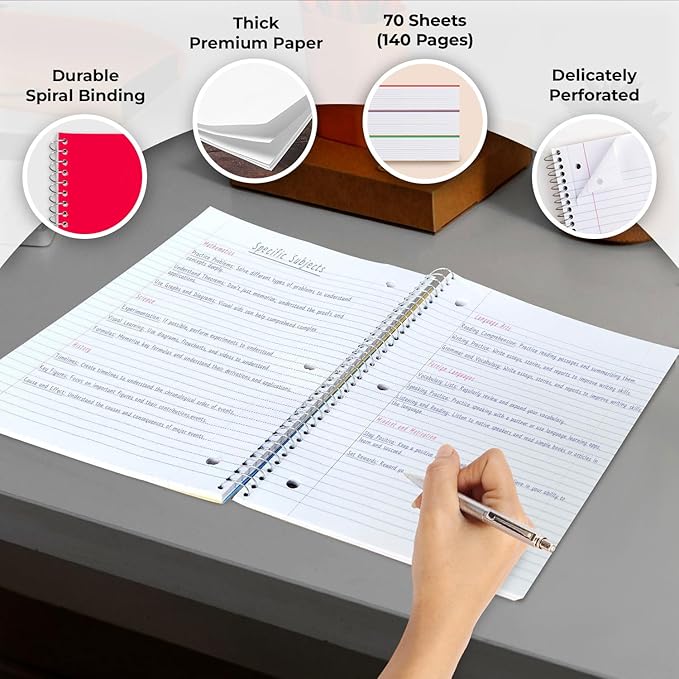 1 Subject Spiral Notebook, 12 Pack, Wide Ruled, Water Resistant Cover, Thick 140 Pages/Book (70 Sheets), 8 x 10-1/2, 3 Hole, Assorted Colors, Bulk School & Office
