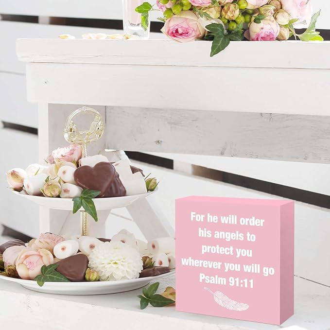 Pink Psalm 91:11 Office Decor Desk Accessories Inspirational Gifts for Women Bible Verse Gifts Pink Christian Office Decor Sign Desk Decorations for Women Home & Office Cute Desk Accessories