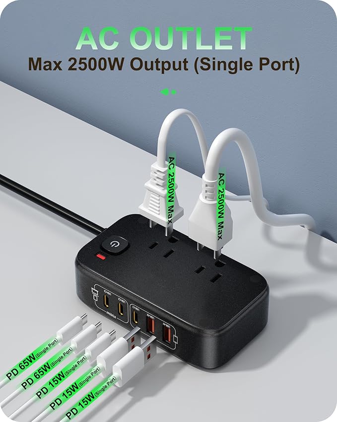 7-in-1 Power Strip, PD GaN 65W USB C Power Strip with 3 USB-C, 2 USB-A Ports and 2500W AC Outlet, Flat Plug Sleek Socket Essentials for Home/Office/College/Travel (Pearl Black, 65W)