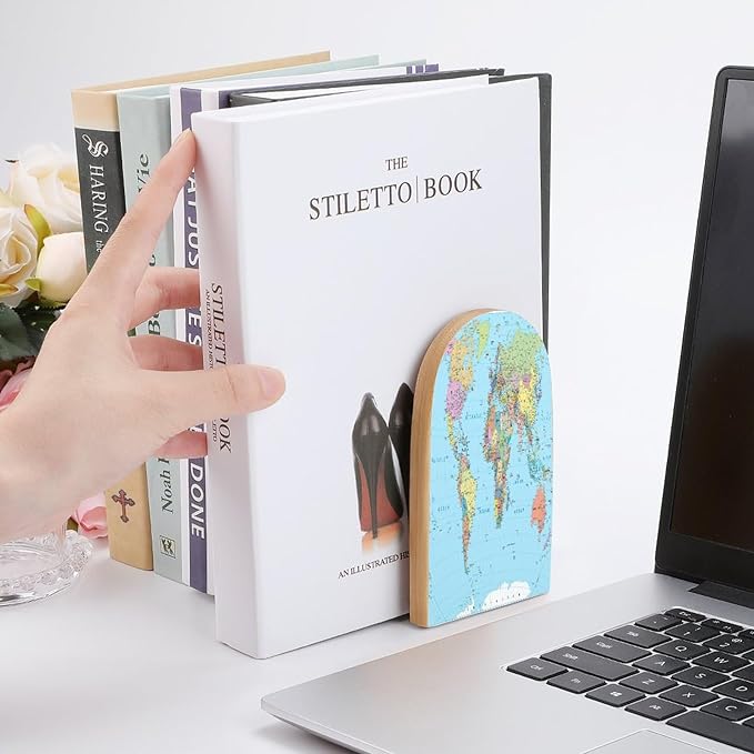 2 Pack Wood Bookends, World Map Blue Non-Skid Book Ends for Heave Books, Decorative Bookends for Shelves Desk, Book Stoppers Book Holders for Home Office Library School