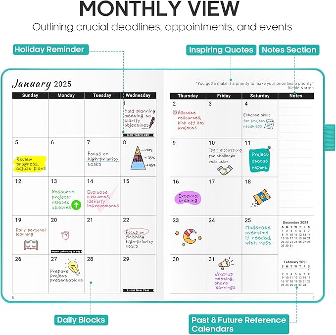 2025 Planner - Weekly and Monthly Planner, January 2025 to December 2025, Hardcover 2025 Calendar Planner Book, Inner Pocket, Perfect for Office Home School Supplies - A5 (5.8" x 8.4"), Aquamarine