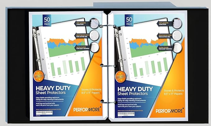 Performore 50 Sheet Protectors, Durable Clear Page 8.5 X 11 Inch for 3 Ring Binder, Plastic Sheet Sleeves, Durable Top Loading Paper Protector with Reinforced Holes, Archival Safe