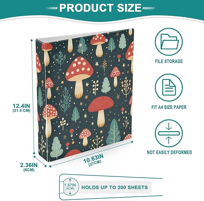 Cute Mushroom Red 3 Ring Binders with Clipboard File Folder for Office School with Pocket, 1 Pack, E01W24021