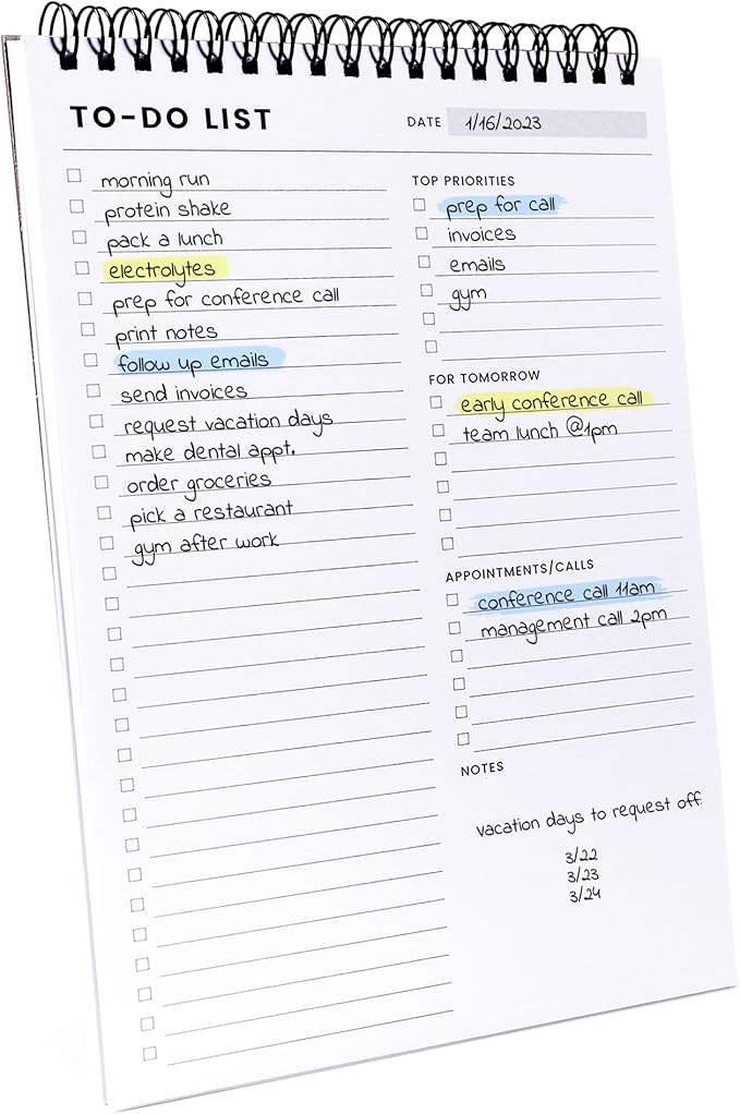 To Do List Notepad: With Multiple Functional Sections - 6.5 x 9.8" 60 Sheets - Spiral Daily Planner Notebook - Task CheckList Organizer Agenda Pad for Work - Note and Todo Organization