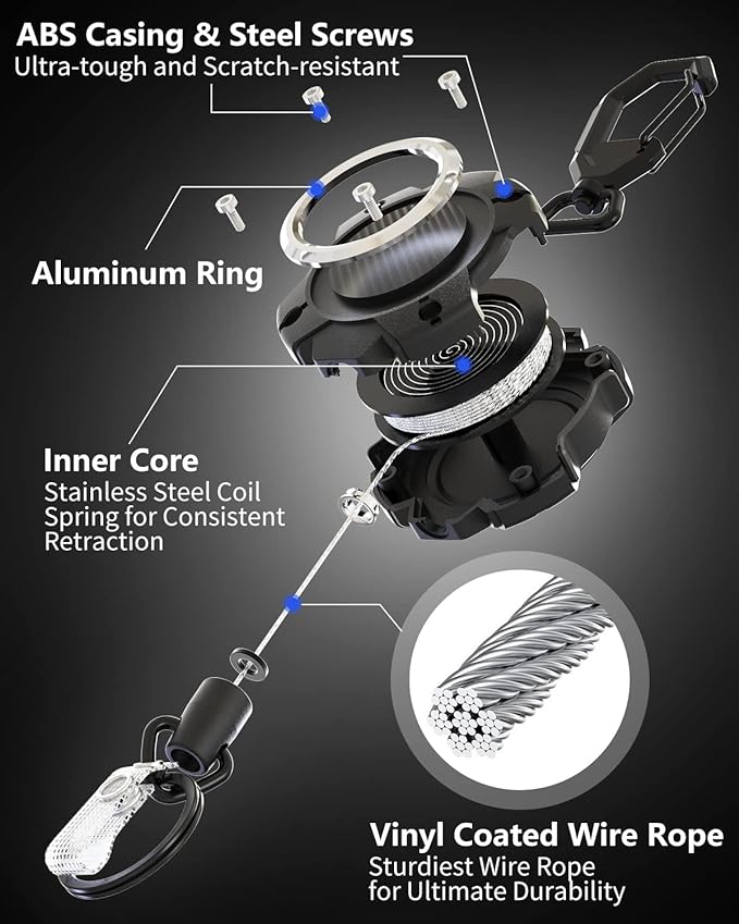LIUGX Retractable Keychain, Heavy Duty Carabiner Key Chains, 10,000+ Rebound, Impact Resistance Tactical ID Badge Reel with 31.5” Wire Rope and Key Ring, Up to 8oz, Aluminum Ring, Carbon Fiber-Texture