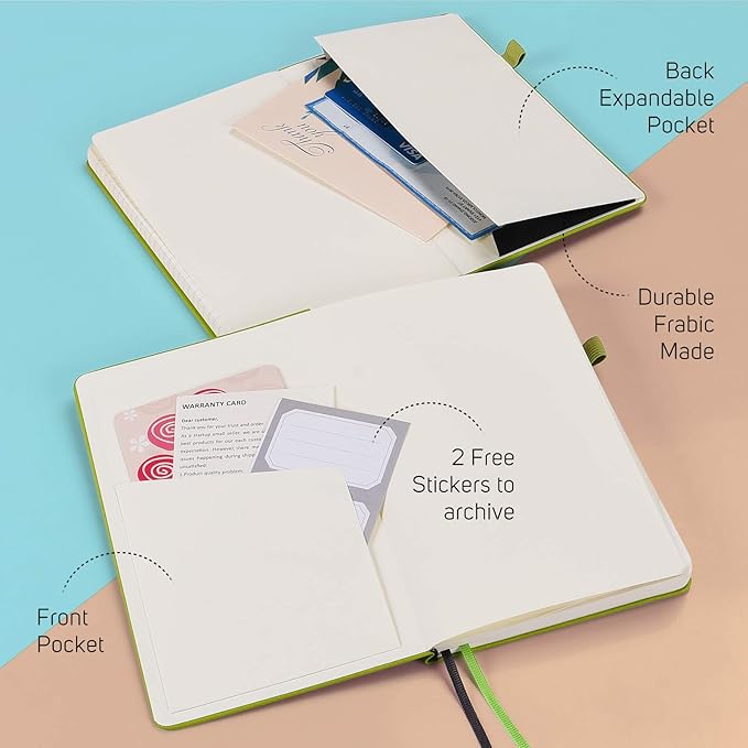 MALEDEN 7 Pack Lined Journal Notebook, Hardcover PU Leather Notebook for Men Women, 100 GSM Thick Numbered Pages with Index Content, Inner Pockets, Bookmarks, A5 Ruled Writing Journal Bulk (Green)