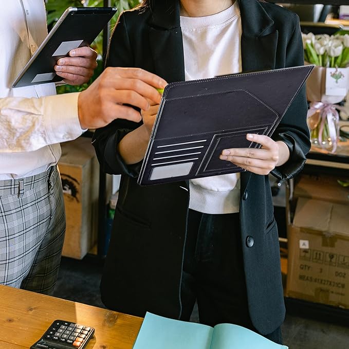 Padfolio Folder with Clipboard,Portfolios Organizer Clipboards with Storage Clipboard Writing Pad PU Leather Conference Document Organizer with Business Card Holder,Vintage Bookshelf