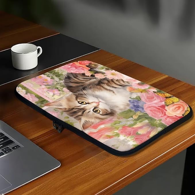 Cat Rose Printed Laptop Bag for Women Men, Lightweight Laptop Briefcase 17 Inch Shockproof Computer Carrying Cover with Zipper, Easy to Carry Laptop Case Bag for Daily Commuting