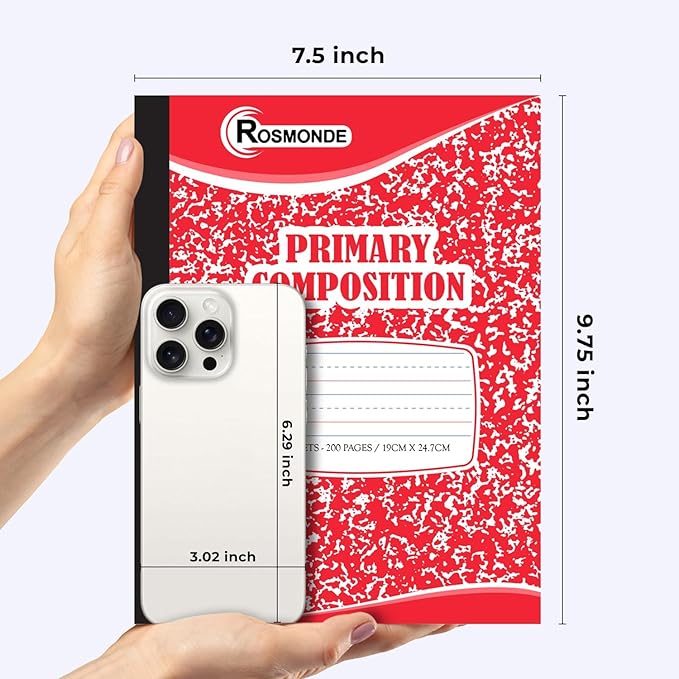 12 Pack Primary Composition Notebooks, 200 Pages (100 Sheets), Primary Ruled Composition Notebook for Kids, 9-3/4" x 7-1/2", Grades K-2 Writing Workbook, Writing Dotted Lined, Assorted Marble