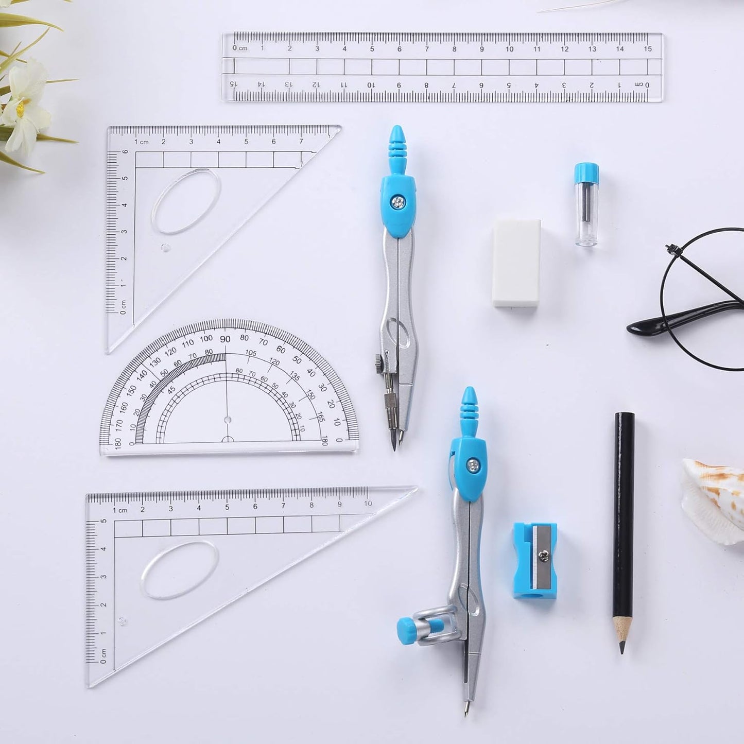10 Pieces Math Geometry Kit Set Student Supplies with Shatterproof Storage Box,Includes Rulers,Protractor,Compass,Eraser,Pencil Sharpener,Lead Refills,Pencil,for School and Drawings（Blue）