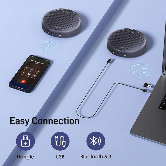 EMEET Conference Speaker and Microphone w/8+1 Mics, 360° Voice Pickup, Noise Reduce, Bluetooth/USB/Dongle Speakerphone for 14 People w/Daisy Chain for 25, Compatible w/Leading Platforms, 2024 Version